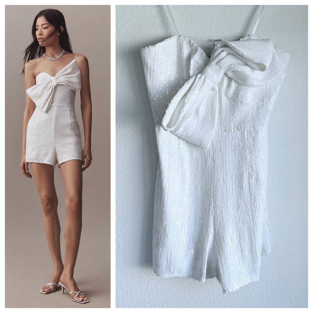 NWOT Anthropologie Hutch Lola Strapless Sequin Bow Romper in White Size 4